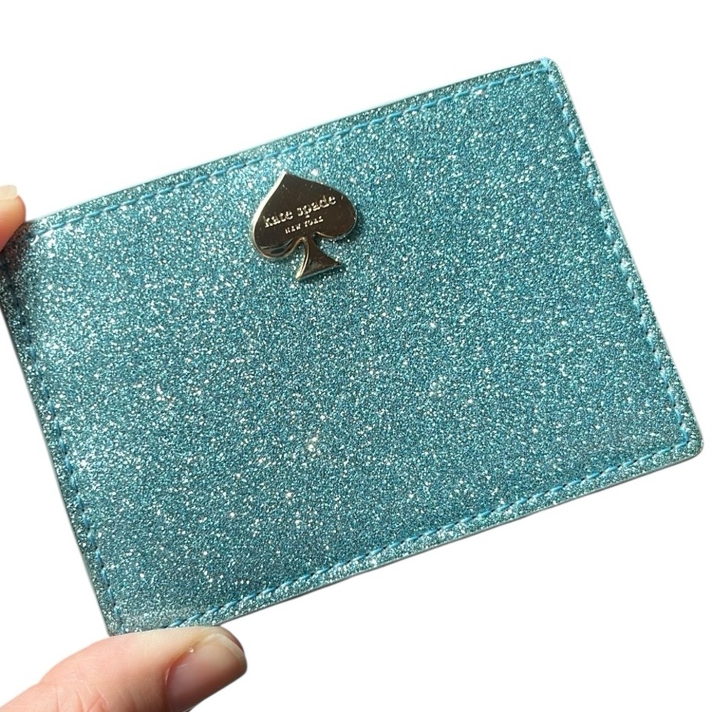 kate spade glitter teal card holder with gold spade logo